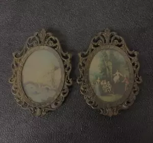 Par de marcos de fotos victorianos de latón ornamentados ovalados hechos en Italia 5,5x3,5" de colección - Imagen 1 de 6