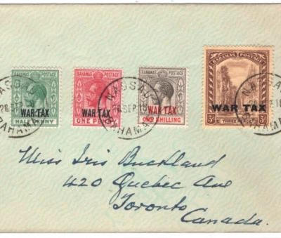 BAHAMAS KGV Cover *WAR TAX* 1918 Set{4} Toronto Canada {samwells}MA2009 - Image 1 of 4