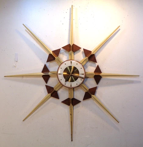 VTG Mid Century Modern Welby Starburst Sunburst Wall Clock Battery Operated 34" Cover