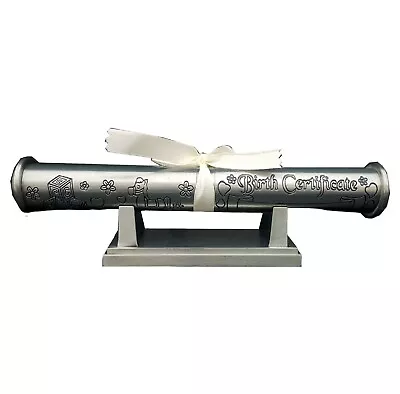 Silver Pewter Birth Certificate Holder & Stand- Gift Baby Keepsake Engrave - image 1 of 4