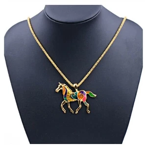 Großer hochwertiger Emaille Pferd Anhänger goldfarben mit 19,5-22" Halskette gold P18 UK - Bild 1 von 3