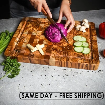 Teak Wood End-Grain Cutting Board - Personalized Butcher Block with Juice Groove - Image 1 of 4