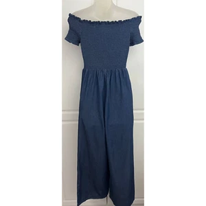 Blue Rain Chambray Jumpsuit Smocked Off Shoulder Size S - Picture 1 of 9