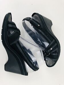 Privo Black Leather Heels Womens 8 Pumps Peep Toe Wedge Slingback Shoes Cushion