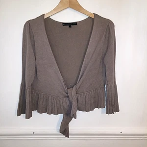 Betty Jackson Black Womens Cardigan Brown Size UK 12 Tie Front Knit Ruffle - Picture 1 of 9