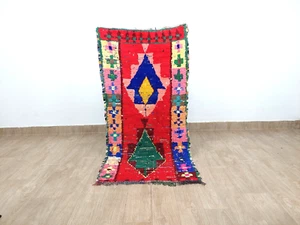Vintage Moroccan Red Orange Area Rug 2x5 Geometric Tribal Cotton Hallway Carpet - Picture 1 of 11