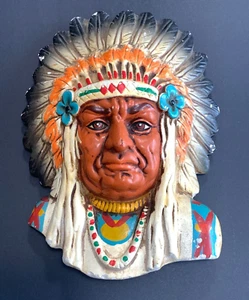 Vintage Native American Indian Chief Plaster Chalkware Hangable Head - Picture 1 of 15