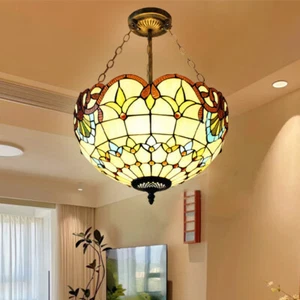Luxury Brass Chain Hanging Ceiling Light Baroque Stained Glass Chandelier Lamp - Picture 1 of 8