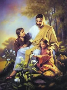 Oil painting Christ Jesus children flowers Calla landscape canvas,24×36"