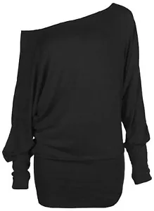 New Ladies Batwing Off Shoulder Baggy Long Sleeves Slouch Dress Top UK 8-26 - Picture 1 of 23