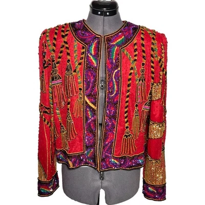 Винтажный 80-х бисером куртка красный Funky шелк Nite линия Della Roufogali кисточки веревки M - Изображение 1 из 4