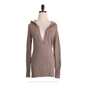 Vintage Y2K Sweater M Tan Brown Hood Vneck Bella Ribbed Long Sleeve Layer - Picture 1 of 8