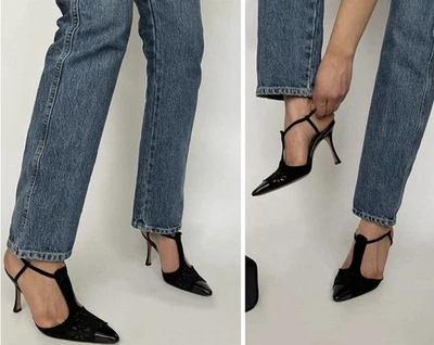 Manolo Blahnik Suede & Patent Black Leather Pointed Toe T-strap Pumps Size 36.5 - Image 1 of 4