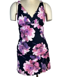 Garnet Hill Navy Pink Floral Skirted Tankini Set Size 12 Nylon Spandex Blend - Picture 1 of 11