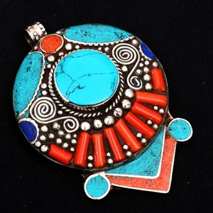 Turquoise Coral Gemstone Ethnic Handmade Tibetan Pendant Jewelry 2.76" AP-16261 - Foto 1 di 1