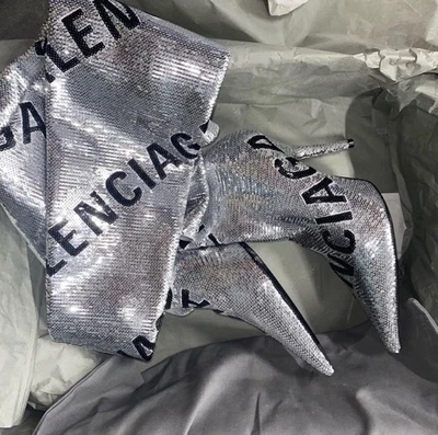 Never Worn, Balenciaga Black and Silver Thigh High Sequin Heels - Image 1 of 4