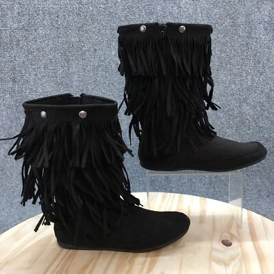 Mudd Boots Youth 5 M Womens 6.5 Effie Fringe Booties Casual Black Suede Side Zip - Image 1 of 4