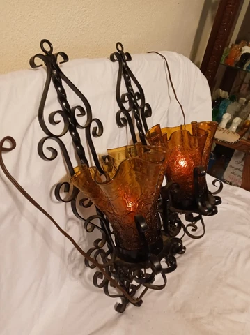 Pair of Retro Electric Wrought Iron Wall Sconces w/ Amber Ruffled Glass Cover