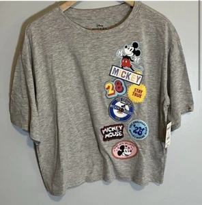 Disney JR’s Mickey Mouse Short Sleeve Multi Patch Graphic Crop Top T-Shirt XL - Picture 1 of 3