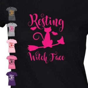 Broomstick Scary Halloween Cat Resting Witch Face Ladies Tshirt TEE Scary Gift - Picture 1 of 25