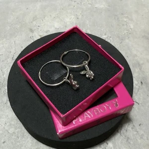 PLAYBOY Bunny Hoop Earrings Silver Tone Sparkly Pretty Kitsch Retro Y2K Boxed - Picture 1 of 8