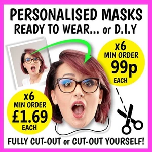 PERSONALISED PHOTO FACE MASKS D.I.Y 6 7 8 9 10 11 12 15 Stag Do Hen Night Stick - Picture 1 of 18