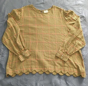 St Johns Bay 2X Plaid Blouse Scalloped Hem Long Sleeve Cottagecore Top - Picture 1 of 7