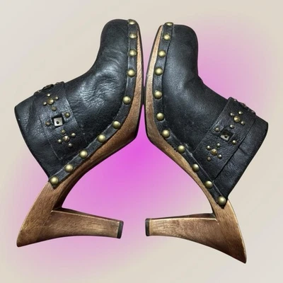Vintage Y2K Pelle Moda Black Leather Studded Wood Clogs Mule Heels Size 9 - Image 1 of 4