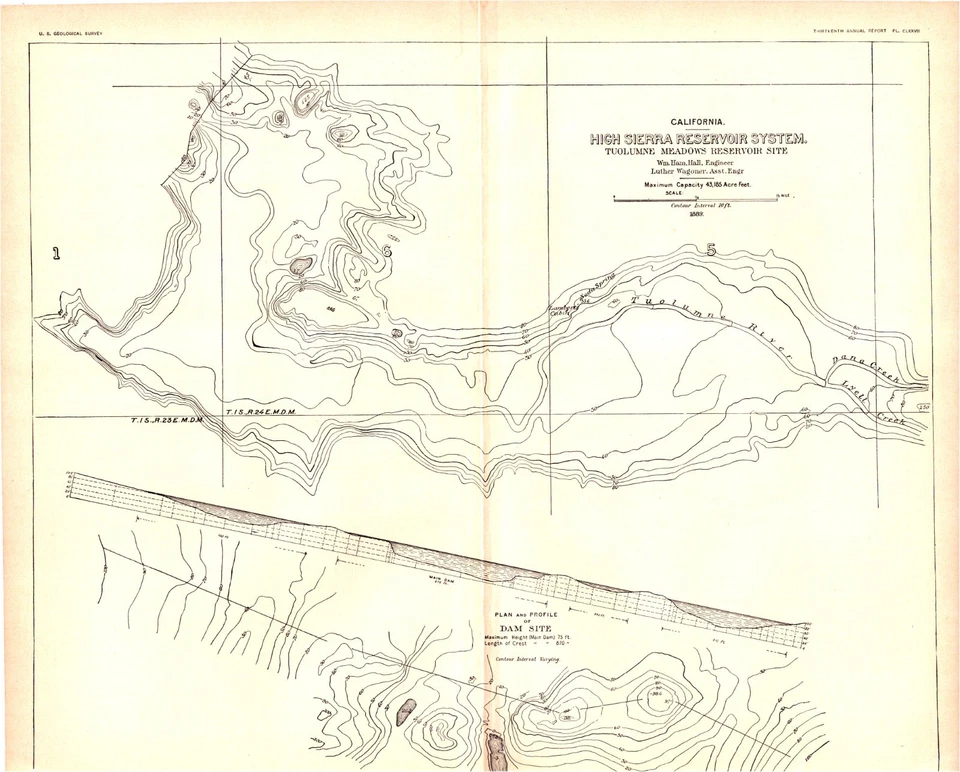 1893 Antique USGS Map – Tuolumne Meadows Reservoir Site – High Sierra CA - Image 1 of 1