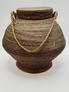Antique Phillippines Footed Lidded Woven Rice Basket - Picture 1 of 15