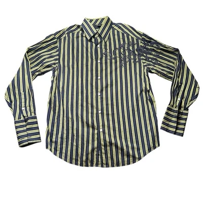 Sean John Shirt Mens L Blue Yellow Stripe Embroidered 100% Cotton Button Up - Image 1 of 4