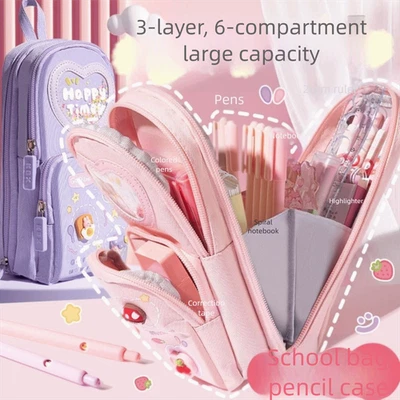 Large Capacity Cartoon Pen Box 6 Pockets Organizer Storage Bag  Students - Image 1 of 4