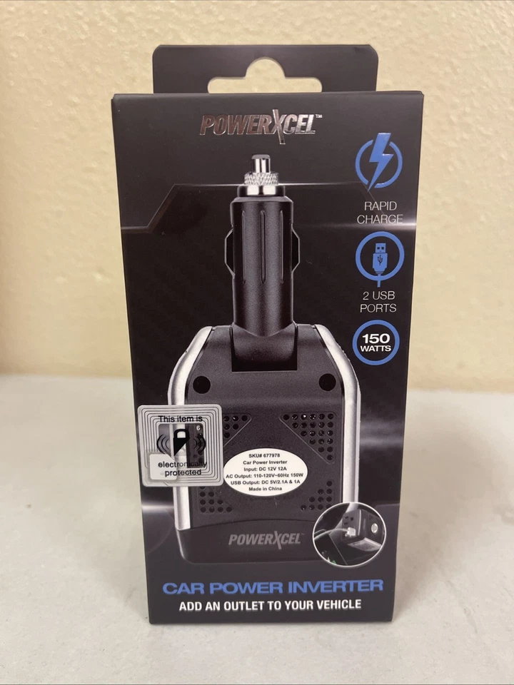 PowerXcel 150 Watts Car Power Inverter 2 USB Ports Rapid Charge Add Outlet