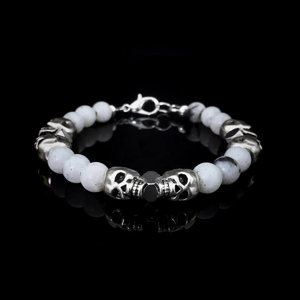 💀 Pulsera de plata con cuentas de labradorita y hematita calavera hecha a mano joyería para hombre Foto 1 de 4