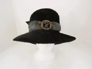 Kutz Nanette Chapeau Vntg Women's Black Faux Fur w/Band & Brown Buckle Musketeer - Picture 1 of 7