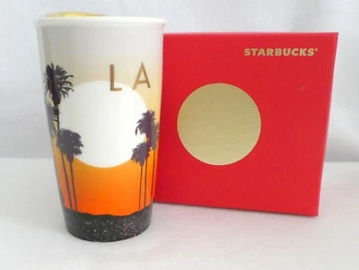 Taza de viaje Starbucks 2015 LA NUEVA EN CAJA Los Angeles Palm Trees tapa dorada nueva con etiquetas cerámica Foto 1 de 4