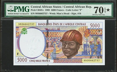 Central African States 5000 Francs 1989 P-304Fe GEM UNC PMG 70 EPQ/STAR TOP POP - Image 1 of 2