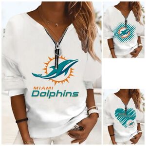 Miami Dolphins Women's Long Sleeve T-shirt Casual Wthite Tops with Zipper
