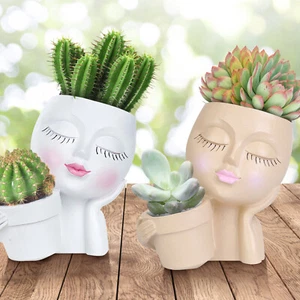 2PCS Face Head Statue Flower Resin Planter Pot For Garden Home Art Flower Pot - Picture 1 of 17