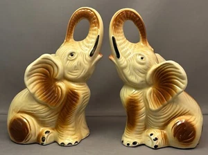 Pair Vintage Ceramic Lusterware Elephant Figurines Lucky Trunk Up Sculpture - Picture 1 of 8