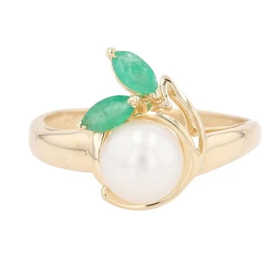 8mm Cultured Round Pearl with Emerald Accents Ring 14k Yellow Gold Size 6.75 - Image 1 of 4