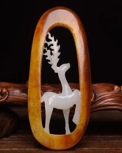 Hetian Jade Hand-Carved Deer Natural Tawny Skin Boho Vitality Guardian - Picture 1 of 9