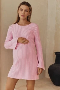Legoe Heritage Textured Bell Sleeve Maternity Dress Womens XXL Pink Ribbed Knit - Picture 1 of 9