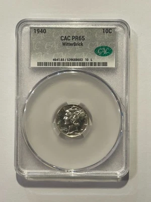 Moneda de diez centavos Mercury 1940 a prueba 10C PR65 CAC WitterBrick etiqueta plateada - ¡Muy bonita! Foto 1 de 3