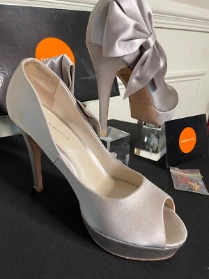 Потрясающий дизайнерский Karen Millen шампанского атласный с открытым носком бант платформа каблуки Fab!! - Изображение 1 из 4