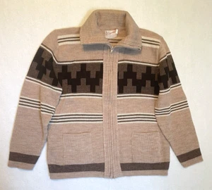 Vtg Clipper Mist Geometric Grandpa Full Zip Cardigan Sweater Brown USA Mens L - Picture 1 of 9