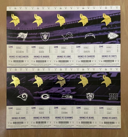 2015 NFL MINNESOTA VIKINGS FULL FOOTBALL TICKET SHEET vs PACKERS CHIEFS BEARS Cover