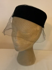 Vintage Black Velvet Pillbox Hat 22” with Damaged Veiling, little bows - Picture 1 of 17