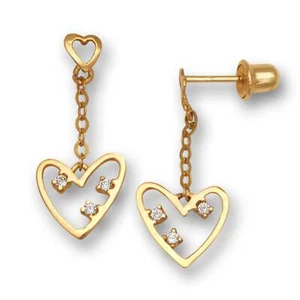 14K Yellow Gold CZ Open Heart Dangle Stud Screwback Earrings for Women - Picture 1 of 1