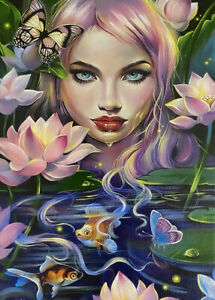 Limited Edition ACEO PRINT Pond Lake Mermaid Lotus Fantasy Gold Fish M. Mishkova